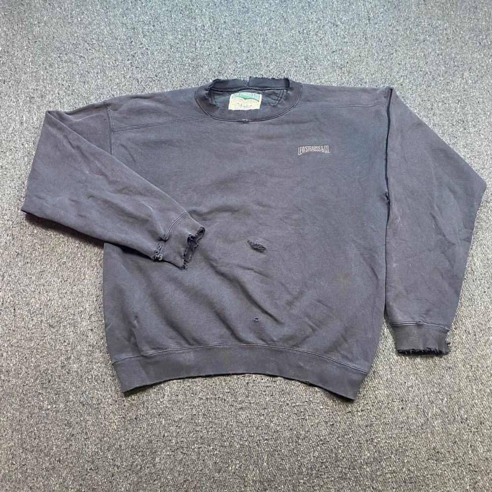Levi Strauss Sweatshirt Sz L Mens Black Grunge Distressed Made in USA Crewneck